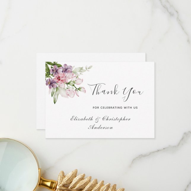 Carte De Remerciements Rose violet vert Mariage rose (Devant/Arrière en situation)