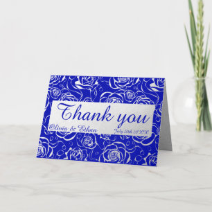 Carte De Remerciements Roses argentés classiques sur Royal Blue