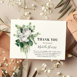 Carte De Remerciements Roses blanches à l'aquarelle & Symapthie Eucalyptu