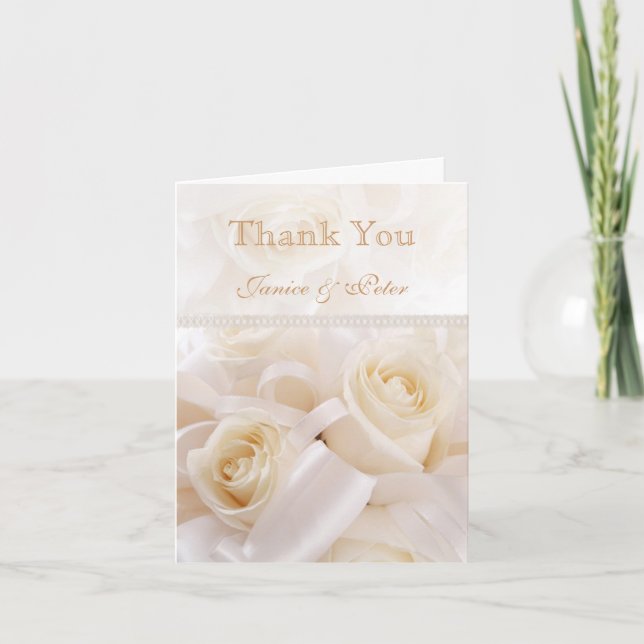 Carte De Remerciements Roses blanches crèmes romantiques Remerciement de  (Devant)