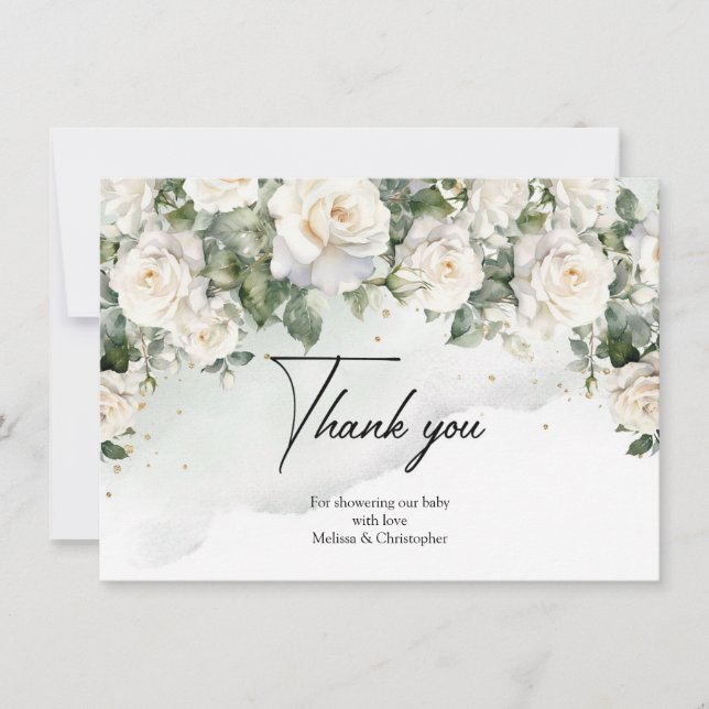Carte De Remerciements Roses blanches de Bohême eucalyptus vert et or (Devant)