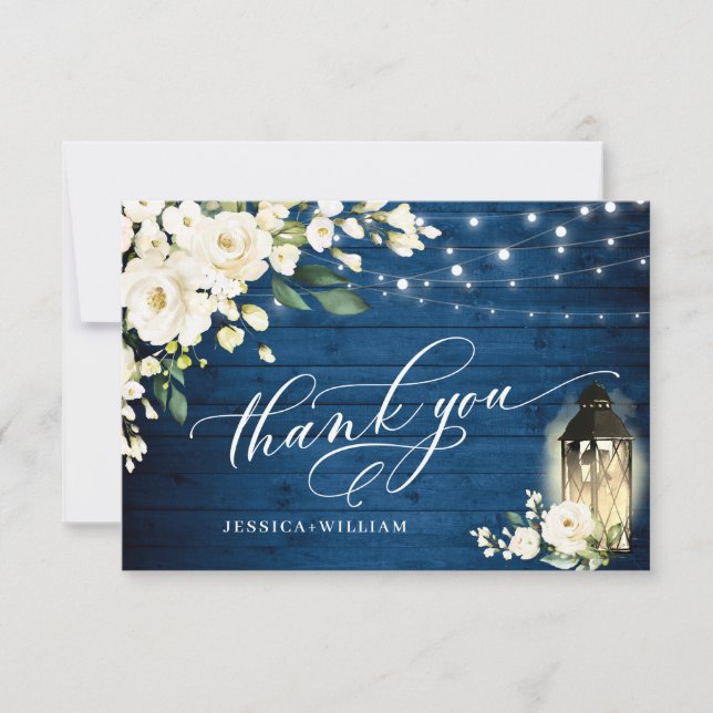 Carte De Remerciements Roses blanches Mariage Boho en bois bleu (Devant)