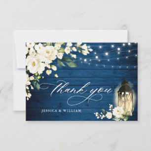 Carte De Remerciements Roses blanches Mariage Boho en bois bleu