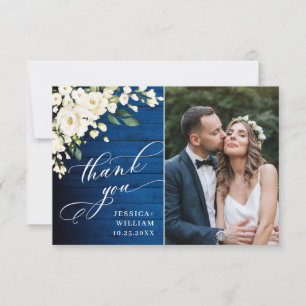 Carte De Remerciements Roses blanches Mariage photo Royal Blue Wood