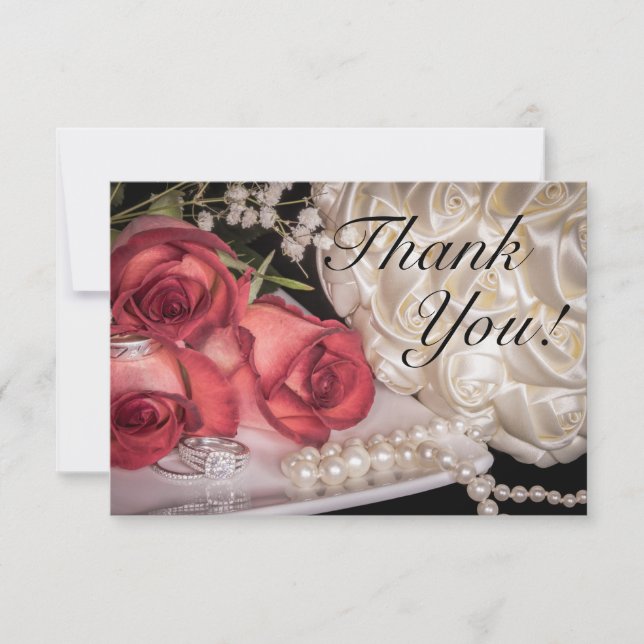Carte De Remerciements roses de 2586 Mariages avec anneaux, perles (Devant)