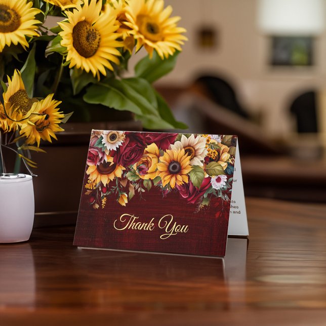 Carte De Remerciements Roses de Bourgogne et tournesols de remerciement d (Fall thank you burgundy roses sunflowers)