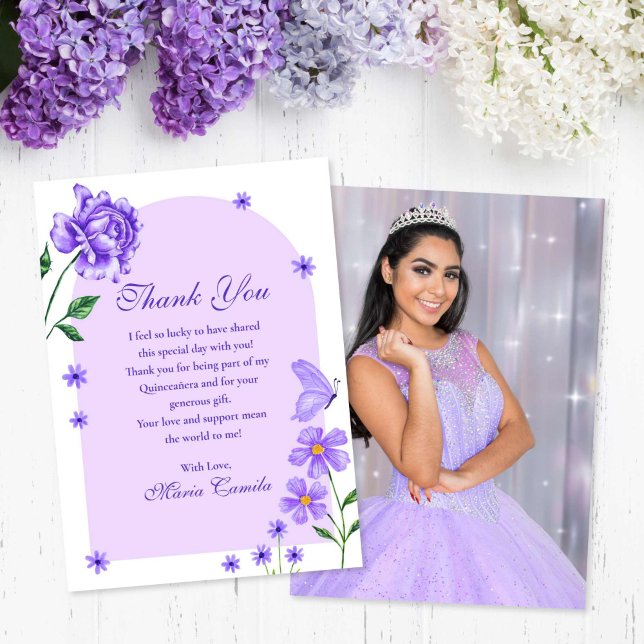 Carte De Remerciements Roses et papillons de Quinceañera (Purple Quinceañera Floral Roses and Butterflies Thank You Card)