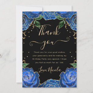 Carte De Remerciements Roses Florales Bleu et Or pour Anniversaire