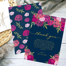 Carte De Remerciements Roses floraux rose et violet Feuille Mariage bleu