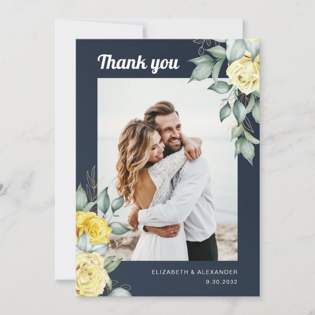 Carte De Remerciements Roses jaunes Classy floral bleu marine photo maria (Devant)