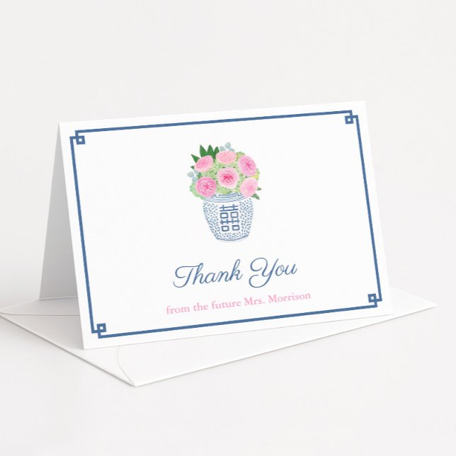 Carte De Remerciements Roses Préparatoires Pot à gingembre Mariage Cadeau (Chinoiserie chic pink and navy blue thank you card design with hot pink roses in ginger jar)