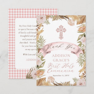 Carte De Remerciements Roses rose   Herbes Florales Première sainte commu