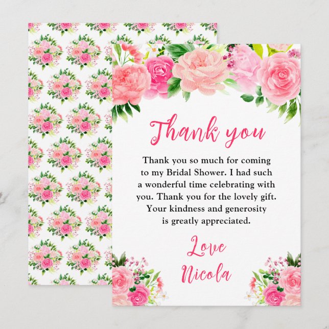 Carte De Remerciements Roses roses avec feuillage Shower de mariage (Devant / Derrière)