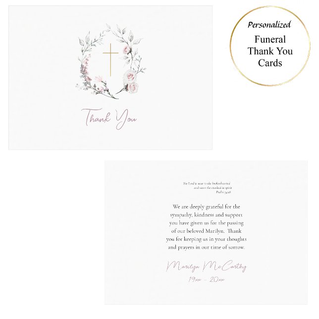 Carte De Remerciements Roses roses clair couronne catholique romain funér (Créateur téléchargé)