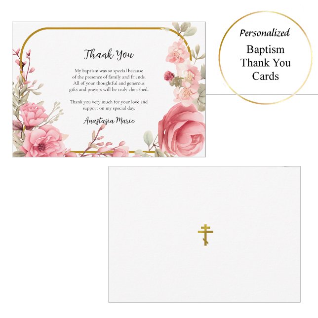 Carte De Remerciements Roses roses et cadre d'or Baptême orthodoxe (Créateur téléchargé)