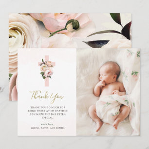 Carte De Remerciements Roses roses et fougères roses avec photo   Baptême