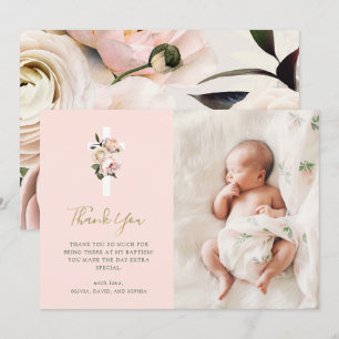 Carte De Remerciements Roses roses et fougères roses avec photo Baptême