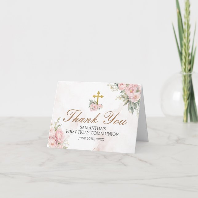 Carte De Remerciements Roses roses roses blanches Première Communion sain (Devant)