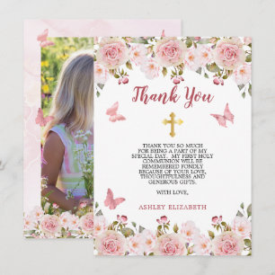 Carte De Remerciements Roses roses roses florales et papillons Première c