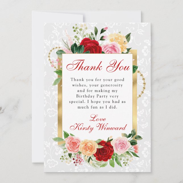 Carte De Remerciements Roses rouges et oranges Fleurs Anniversaire feuill (Devant)