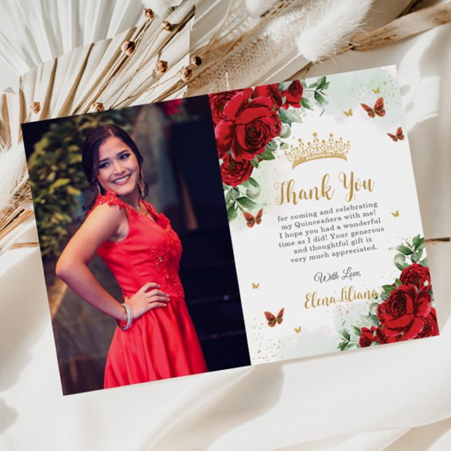 Carte De Remerciements Roses Rouges Fleurs Papillons Quinceañera 16 ans  (Créateur téléchargé)