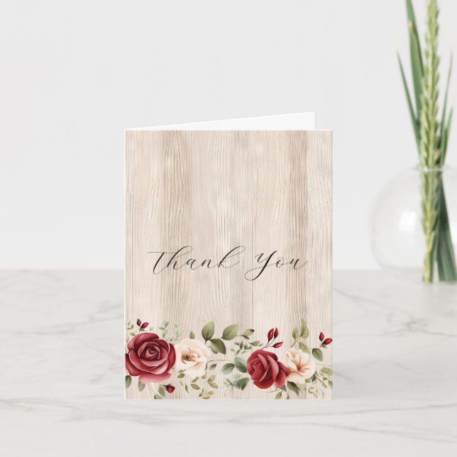 Carte De Remerciements Roses rouges romantiques à la crème Faux Bois Merc (Devant)