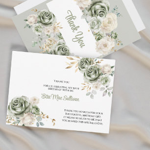 Carte De Remerciements Roses vert sauge ivoire Floral 80e anniversaire