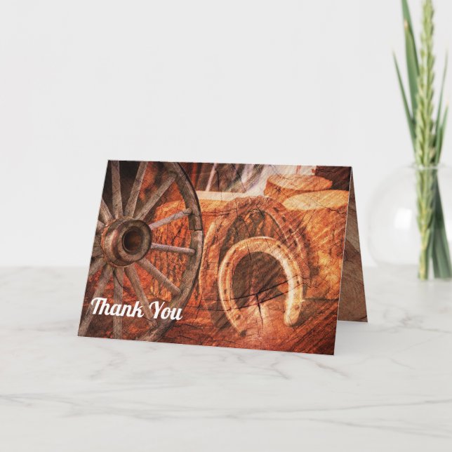Carte De Remerciements Roue en Wagon Rustique Horseshoes Style Occidental (Devant)