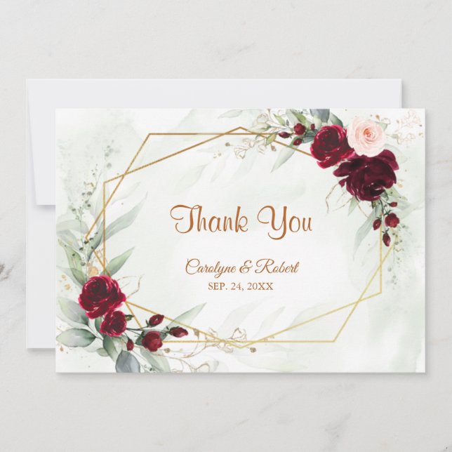 Carte De Remerciements Rouge Blush Bourgogne or Mariage géométrique de ve (Devant)