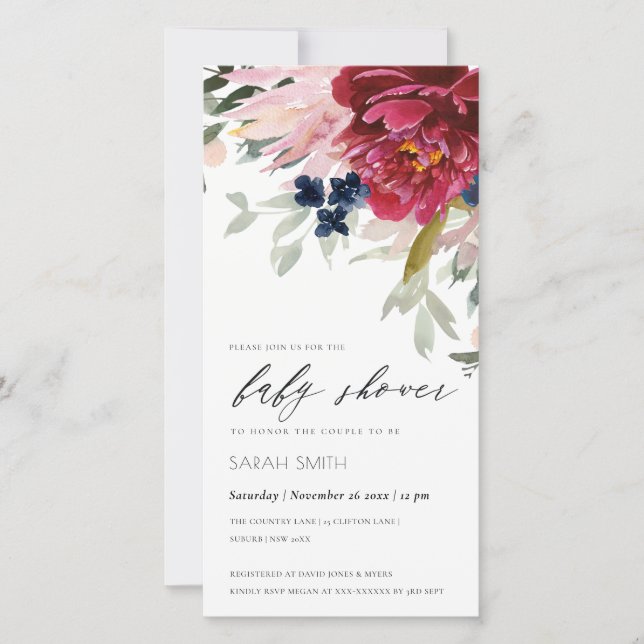 Carte De Remerciements Rouge Bourgogne Bleu Bleu Floral Baby shower Invit (Devant)