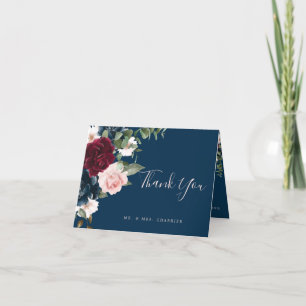Carte De Remerciements Rouge Bourgogne & Bleu Elégant Aquarelle Fleurs