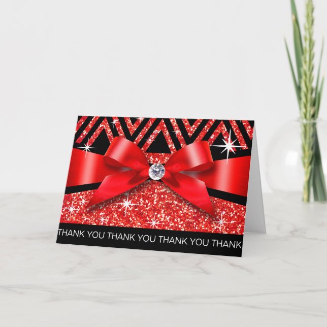Carte De Remerciements Rouge de diamant de Chevron Bling de parties (Devant)