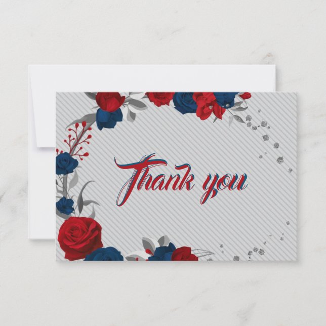 Carte De Remerciements rouge et bleu marine fleurs gris feuille (Devant)