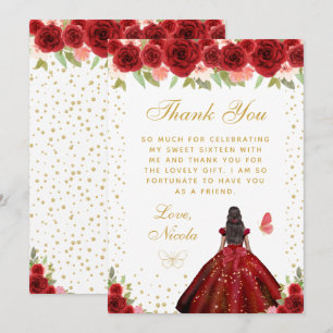 Carte De Remerciements Rouge Floral Peau Sombre Princesse Sweet Seize