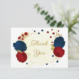 Carte De Remerciements rouge foncé & bleu marine fleurs or mariage