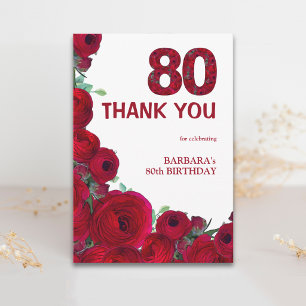 Carte De Remerciements Rouge Foncé Floral 80e Anniversaire Remerciements