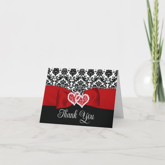 Carte De Remerciements Rouge, Noir Damask Love Hearts Mariage (Devant)