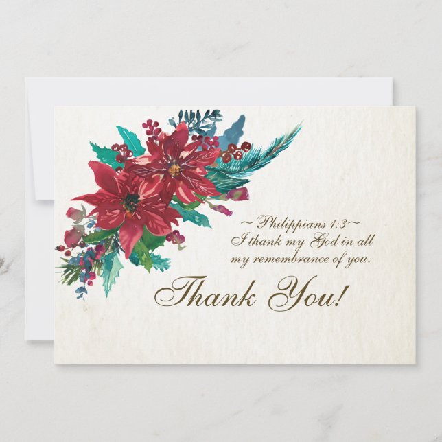 Carte De Remerciements Rouge Poinsettia Inspiration Bible Verset Noël (Devant)