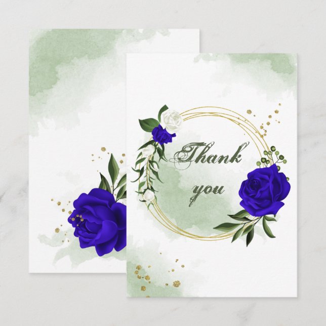 Carte De Remerciements royal bleu & blanc fleurs verdure or couronne (Devant / Derrière)