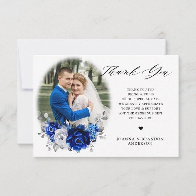 Carte De Remerciements Royal Bleu Blanc Métallurier Argent Mariage Floral (Devant)