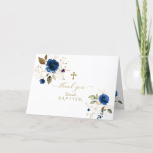 Carte De Remerciements Royal Blue Floral Gold Frame Cross Boy Baptism