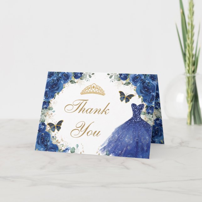 Carte De Remerciements Royal Blue Floral or Quinceanera Princesse Robe (Devant)