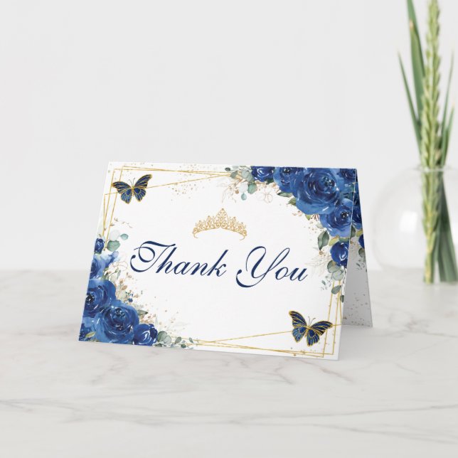 Carte De Remerciements Royal Blue Floral Quinceañera Anniversaire Papillo (Devant)