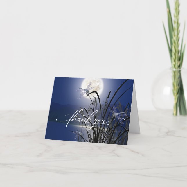 Carte De Remerciements Royal Blue Pleine lune Dragonfly Pond (Devant)