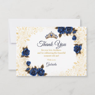 Carte De Remerciements Royal Blue Quinceañera Couronne Dorée Roses Floral