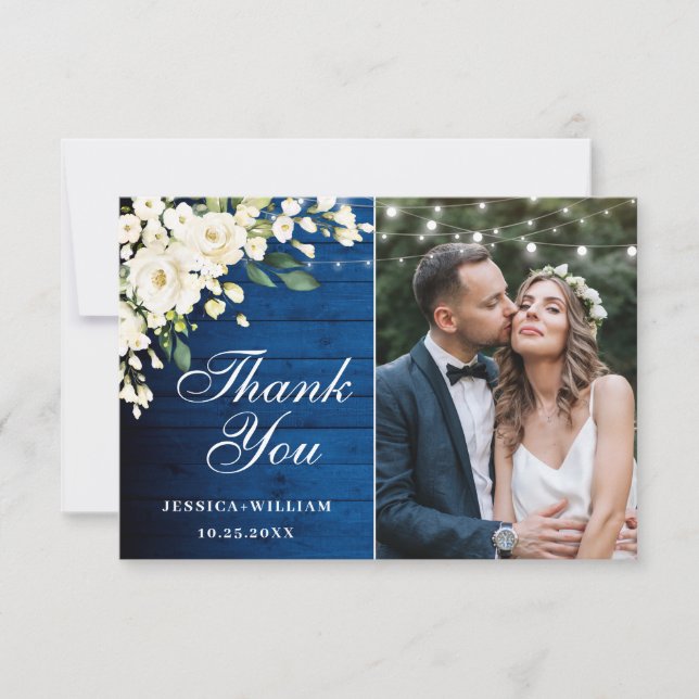 Carte De Remerciements Royal Blue Wood Roses blanches Floral Lanterne Pho (Devant)