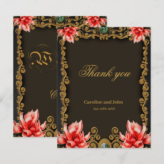 Carte De Remerciements Royal or et rouge design floral (Devant / Derrière)