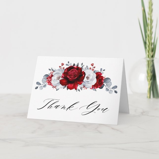 Carte De Remerciements Royal Rouge Blanc argent métal Mariage floral (Devant)
