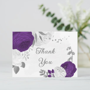 Carte De Remerciements royal violet & fleurs blanches argent mariage