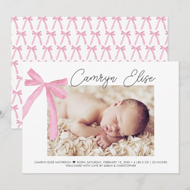 Carte De Remerciements Ruban Bow rose Personnalisé Bébé Fille Nom du scri (Devant / Derrière)